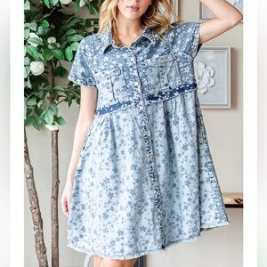 Oil & Hali Washed Button Front Short Sleeve flowered  Tunic Dress Denim XL NWT